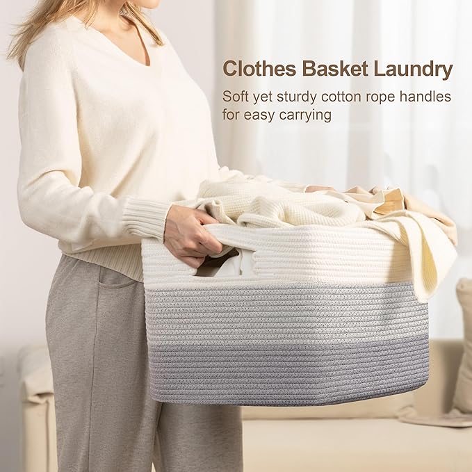 72L Large Laundry Basket with Leather Handles for Living Room Storage, Woven Rope Baskets Bin for Blanket, Kids Toy, Gifts, Wicker Hamper for Bedroom Dirty Clothes, 22"x17"x12" Gradient Grey