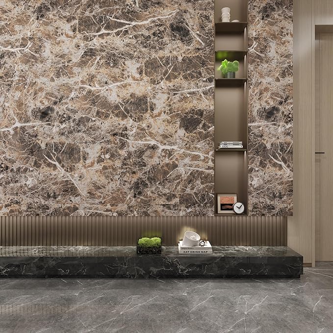 JSEVEM 16"×394" Thick Brown White Marble Wallpaper Peel and Stick Waterproof Brown Marble Contact Paper Vinyl DIY Faux Granite Furniture Tile Stickers for Kitchen Bedroom Walls Bathroom Countertops