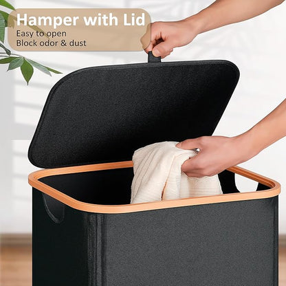 Slim Laundry Basket with Lid, Narrow Dirty Clothes Hampers for Laundry with Handle, Skinny Laundry Bin for Laundry Room, Dorm, Bedroom and Bathroom, 26.4 Gallon (100L) Black