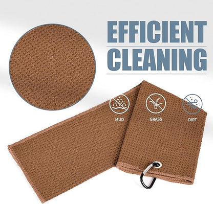 Mile High Life Tri-fold Golf Towel | 16" X 24" | Premium Microfiber Fabric | Waffle Pattern | with Heavy Duty Carabiner Clip | for Men and Women (2 Pack Brown)