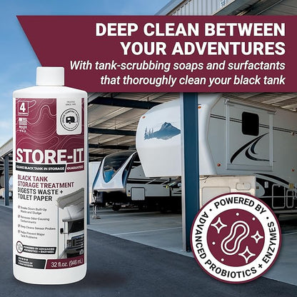 Unique Store-It RV Black Tank Cleaner Liquid - Cleans and Deodorizes Tanks While RV is in Short or Long Term Storage - 4 Uses Per Bottle 32 oz (2-Pack) Packaging May Vary