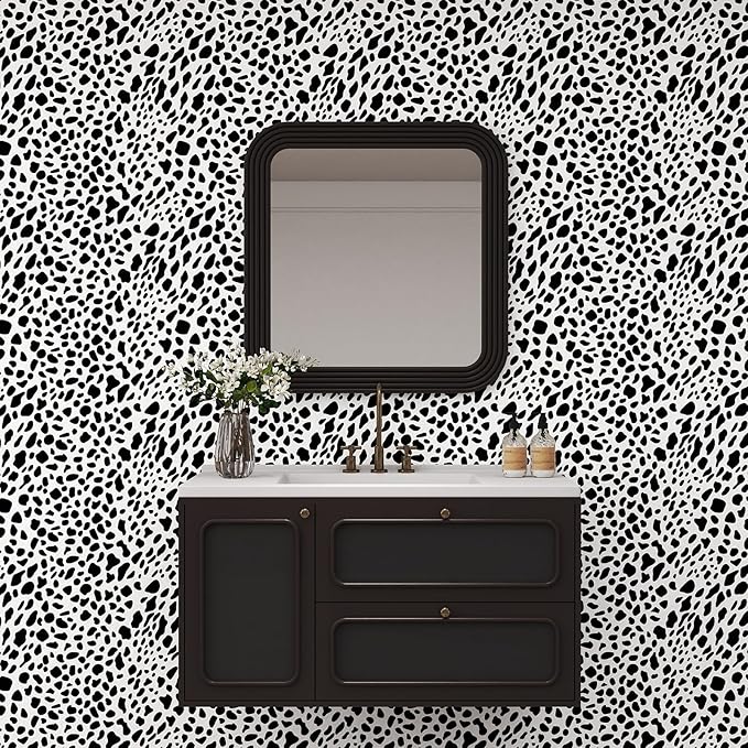 Vinjiasin Black and White Dalmatian Peel and Stick Wallpaper – Modern Spot Print Removable Wallpaper for Bedroom, Nursery, Bathroom & Accent Walls, Self Adhesive Waterproof Wall Decor,17"x120"