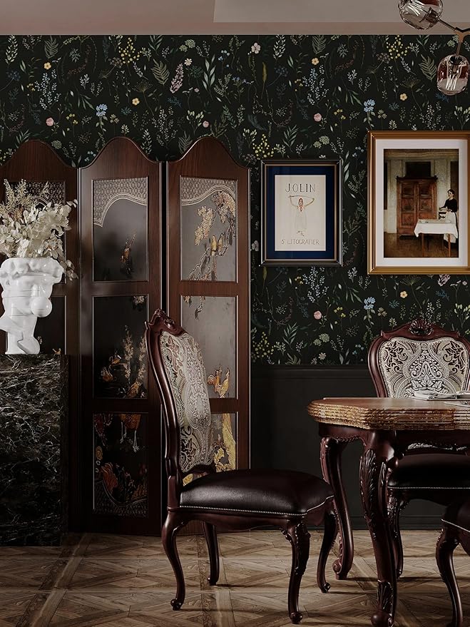 Dimoon 787"x16.1" Floral Peel and Stick Wallpaper Black Contact Paper Thicken Wallpaper Delicate Flower Waterproof Green Leaf White Self Adhesive Removable Wall Paper Shelf Liner Decal Vinyl Roll