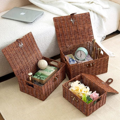Set of 3 Woven Wicker Storage Basket Box with Lids & Lock, Built-in Carry Handles, Multifunctional Storage Organizer for Nursery, Baby, Clothes, Toys, Books, Large/Medium/Small Size (Natural)