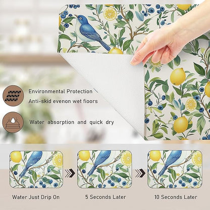 Vibrant Birds Lemon Dish Drying Mat, Summer Lemon Blueberry Tree Coffee Bar Mat for Countertops, Nature Botanical Absorbent Dish Drying Mats for Kitchen Counter Coffee Maker, 16x24 Inch