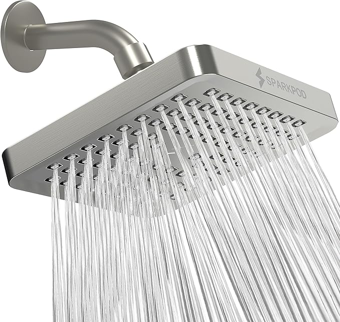 SparkPod Shower Head - High Pressure Rain - Premium Quality Luxury Design - Easy Clean Adjustable Replacement for Your Bathroom Shower Heads (Elegant Brushed Nickel, 6 Inch Square)