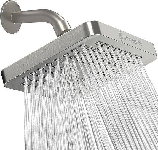 SparkPod Shower Head - High Pressure Rain - Premium Quality Luxury Design - Easy Clean Adjustable Replacement for Your Bathroom Shower Heads (Elegant Brushed Nickel, 6 Inch Square)