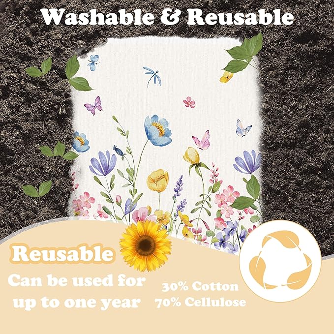 Spring Swedish Dishcloths for Kitchen, 6 Pack Floral Swedish Dish Cloths Reusable Washable Absorbent Sponge Kitchen Towels for Spring Summer Seasonal Decorations Housewarming Gifts