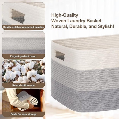 86L Extra Large Laundry Basket with Leather Handles for Living Room Storage, Woven Rope Baskets for Blanket, Kids Toy, Gifts, Wicker Hamper for Bedroom Dirty Clothes, 24"x16"x14" Gradient Grey