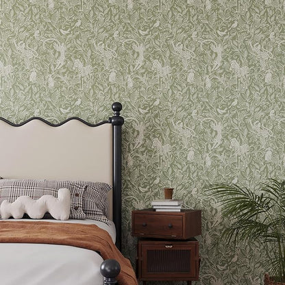 Vinjiasin Boho Safari Animal Wallpaper, Green Neutral Tone Jungle Leopard Zebra Bird Peel and Stick Wallpaper,Waterproof Contact Paper for Nursery Bedroom Living Room Home Decor 17.7" x 197"