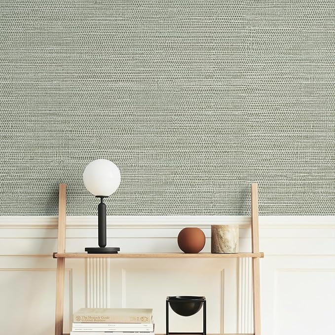 Simon&Siff Green Textured Grasscloth Peel and Stick Wallpaper 17.7"x197" Neutral Faux Grassweave Wallpaper Waterproof Self Adhesive Removable Wallpaper Mural for Home Decor Bedroom Kitchen Cabinet