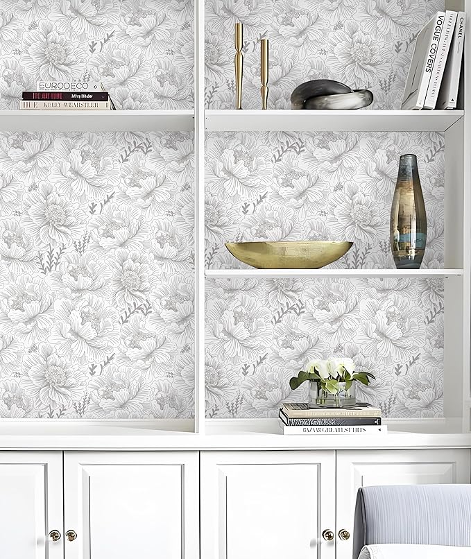 Guvana 17.3in×118in Floral Peel and Stick Wallpaper Boho Contact Paper Grey and White Wall Paper Modern Waterproof Wallpaper for Bathroom Bedroom Neutral Farmhouse Self Adhesive Removable Vinyl Roll
