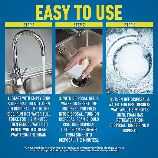CLR Brands® Garbage Disposal Foaming Cleaner combines a powerful fast-dissolving formula with a fresh, clean-scented pod to safely clean and remove disposal odors without scrubbing. Use weekly.
