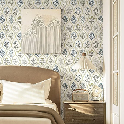 Dimoon 78.7"x17.3" Peel and Stick Wallpaper Contact Paper Floral Modern Removable Wallpaper Beige Wall Paper Self Adhesive Boho Contactpaper for Cabinets Drawers Blue Vintage Bedroom Thicken Vinyl