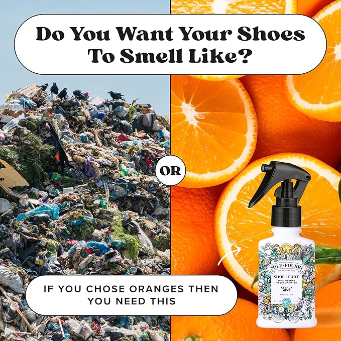 Sole-Pourri Shoe Deodorizer + Foot Spray, 3.4 Fl Oz, Up to 150 Uses, Funk-Fighting Odor Freshener with Essential Oils, for Smelly Shoes, Feet & Gym Bags, Citrus & Mint Scent