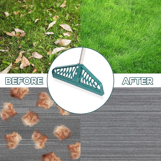 Artificial Turf Rake with Adjustable Steel Handle from 32 to 61 Inch, Durable Artificial Grass Rake, Turf Brush for Cleaning pet Hair, Large Fallen Leaves and Dead Grass from Artificial Turf