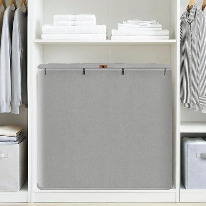 STORAGE MANIAC Triple Laundry Hamper with Lid, 180L Tall Metal Frame Laundry Baskets with Removeable Bag, Large Clothes Hamper with PU Tag, Laundry Bin for Dorm, Collage, Bathroom, Bedroom, Gray