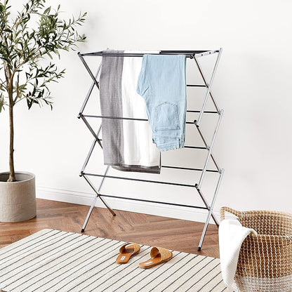 Amazon Basics Foldable Portable Metal Clothes Drying Rack for Indoor Air Drying, Energy Saving, 14.5 x 29.5 x 41.8 inches, Chrome Silver