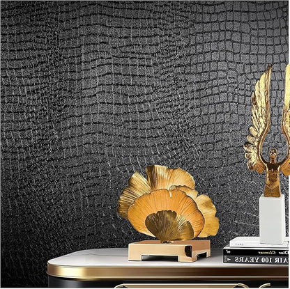 Black Peel and Stick Wallpaper, 15.7" X 590", Embossed Crocodile Wallpaper, Easy Peel Off, Self-Adhesive, Removable Contact Paper, Textured for Cabinet, Bedroom