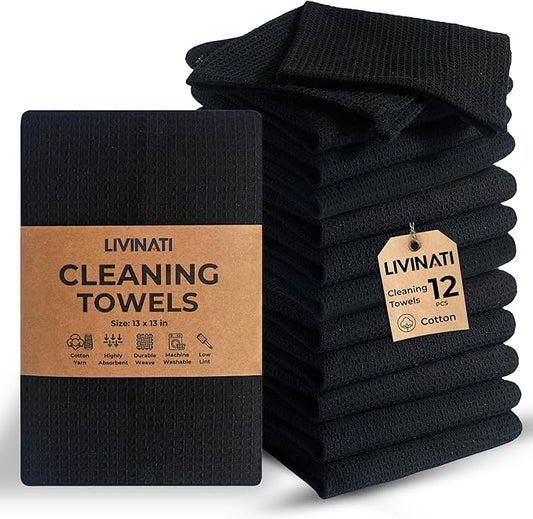 Black Cotton Cleaning Rags For Housekeeping - Trapos Paños De Limpieza Reutilizables - Kitchen Bar Shop Towel Dish Mop Wash Cloth For House Dust - Reusable Washable Absorbent - 13"x13" 12 Pack