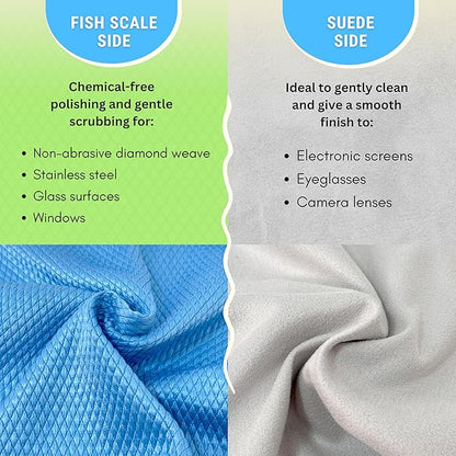 Eco-Fused Double Sided Cleaning Cloths - 6 Pack - 8 x 8 inch - Fishscale and Suede Cloth for Stainless Steel, Windows, Mirrors, Smartphones, LCD, Screens, Camera Lenses, Delicate Surfaces
