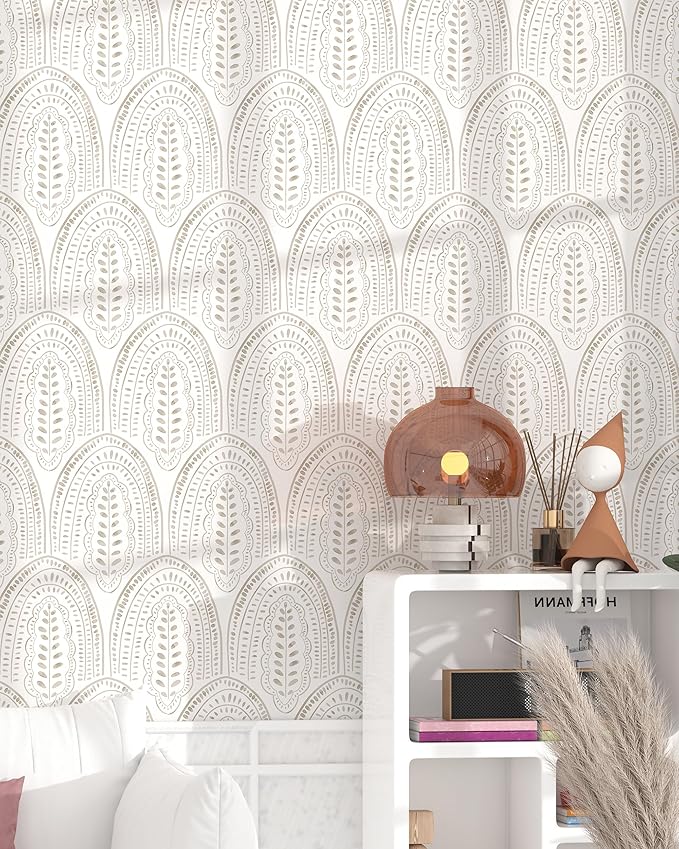 Modern Peel and Stick Wallpaper Boho Contact Paper 17.3''×197'' Self Adhesive Removable Wallpaper Peel and Stick Wall Paper Beige and White Wallpapers for Bedroom Bathroom Cabinets Decor Vinyl