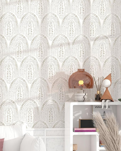Modern Peel and Stick Wallpaper Boho Contact Paper 17.3''×197'' Self Adhesive Removable Wallpaper Peel and Stick Wall Paper Beige and White Wallpapers for Bedroom Bathroom Cabinets Decor Vinyl