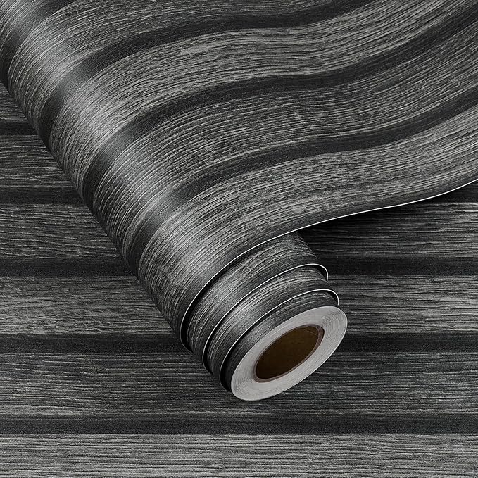 FunStick 36"x200" Slats Wood Wallpaper Peel and Stick Wooden Slats Wall Paneling Wallpaper for Bedroom Living Room Waterproof Black Wood Grain Contact Paper for Cabinets Counter Tops Walls Vinyl Wrap