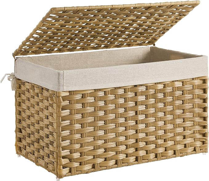 SONGMICS Storage Basket with Lid, Woven Blanket Storage Bin with Handles, Foldable, Removable Liner, Metal Frame, for Bedroom, Laundry Room, 17.2 Gallons (65 L), Natural URST56NL