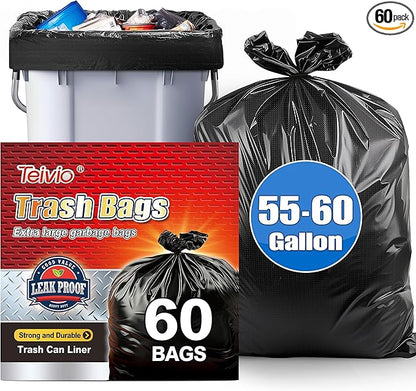 Teivio Trash Bags, 55-60 Gallon, 60 Count, Black, for Bathroom, Office, Industrial, Commercial, Janitorial, Municipal, Recycling