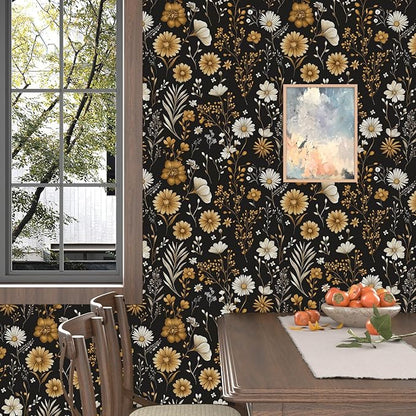 Laatse Vintage Floral Wallpaper Peel and Stick Black Leaf 17.5" x 118" Contact Paper Botanical Flower Self Adhesive Vinyl Waterproof Removable for Kitchen Bathroom Shelves Cabinet Drawer Table Decor