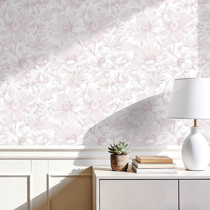 Floral Peel and Stick Wallpaper - Pink White Removable Self adhesive Wall Paper for Decor Walls Bathroom,Bedroom - Boho Flower Waterproof Modern Contact Paper for Cabinets and Drawers, 17.3"×78.7"