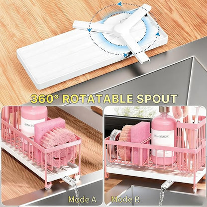 Cisily Sponge Holder for Kitchen Sink, Sink Caddy Organizer with High Brush Holder, Kitchen Countertop Organizers and Storage Essentials, Rustproof 304 Stainless Steel (Pink, 9.25″)