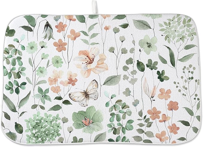 Spring Floral Drying Mat 18x24 Inches For Kitchen Counter Absorbent Summer Watercolor Green Flower Leaf Kitchen Drying Mat Pad For Home Kitchen,Dining Room,Office Decoration