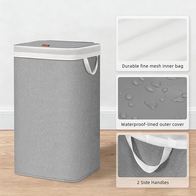 STORAGE MANIAC Metal Frame Laundry Hamper with Lid, 90L Tall Laundry Baskets with Removeable Bag, Large Clothes Hamper with PU Tag, Laundry Bin for Dorm, Collage, Bathroom, Bedroom, Gray