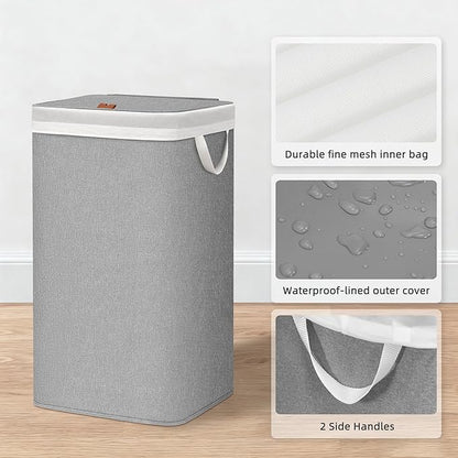 STORAGE MANIAC Metal Frame Laundry Hamper with Lid, 90L Tall Laundry Baskets with Removeable Bag, Large Clothes Hamper with PU Tag, Laundry Bin for Dorm, Collage, Bathroom, Bedroom, Gray