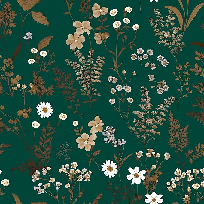Laatse Dark Floral Wallpaper Peel and Stick 17.5in x 118in Vintage Green Gold Leaf Wallpaper Vinyl Waterproof Self-Adhesive Boho Botanical Wall Paper Mural for Cabinet Bookcase Bedroom Decor