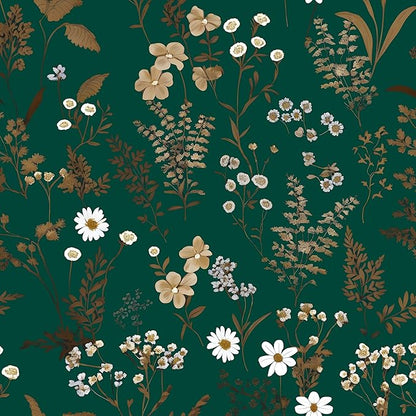 Laatse Dark Floral Wallpaper Peel and Stick 17.5in x 118in Vintage Green Gold Leaf Wallpaper Vinyl Waterproof Self-Adhesive Boho Botanical Wall Paper Mural for Cabinet Bookcase Bedroom Decor