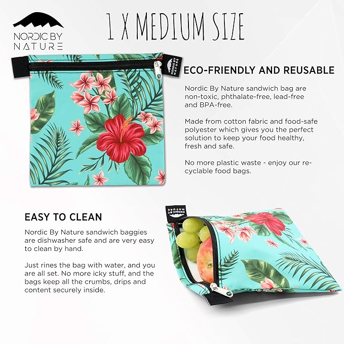 Nordic By Nature 4 Pack - Reusable Sandwich Bags Dishwasher Safe BPA Free - Durable Washable Quick Dry Cloth Baggies -Reusable Snack Bags school lunches - (Tropical Flowers)