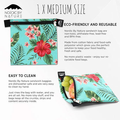 Nordic By Nature 4 Pack - Reusable Sandwich Bags Dishwasher Safe BPA Free - Durable Washable Quick Dry Cloth Baggies -Reusable Snack Bags school lunches - (Tropical Flowers)