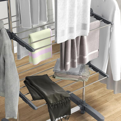 HOMCOM Folding Clothes Airer in Stainless Steel and Plastic, Space-Saving Vertical Drying Rack with 6 Wheels, Hooks and 3 Adjustable Shelves for Indoors, 142 x 55 x 152 cm, Silver Grey