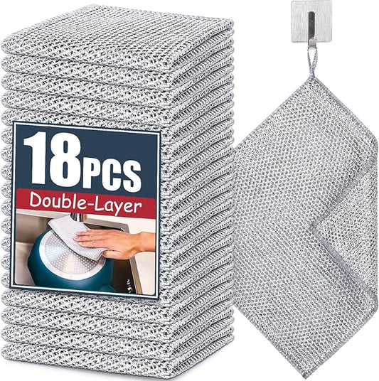 Navona 18 Pcs New Upgrade Steel Wire Dishcloth, Double-Layer Multipurpose Dishwashing Rag, Powerful Cleaning Non-Scratch Dishcloth Rag for Cookware, Sinks, Dishes, Stove Tops