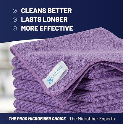 MW PRO Microfiber Cleaning Cloths Purple (12 Pack, 12x12) - Commercial Janitorial Towels & Lint Free Rags - Heavy Duty for Auto Detailing, Glass Windows, Housekeeping & Screens - Washable 300+ Times