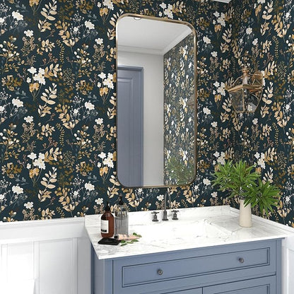 Laatse Navy Floral Wallpaper Peel and Stick Boho Wallpaper Vintage Blue/Gold Leaf Contact Paper Waterproof Self Adhesive Modern Wall Paper for Cabinet Walls Kitchen 17.5in x118in