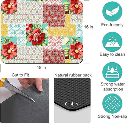 Rubber Dish Drying Mat for Kitchen Counter Large Boho Flowers Washable Quick Home Coffee Pad Fit Under Sink,Bar,Utensils 16x18in