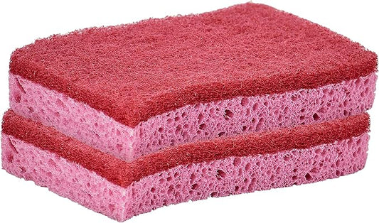 Non-Scratch Cellulose Sponge Kitchen Scrub Sponge with Scouring Pad Set, Good for Non-Stick Cookware Frying Pan, Pot, Counter Top, Sink Scrubbing, Kitchen Scrubbers, Pack of 2, (Red/Pink)