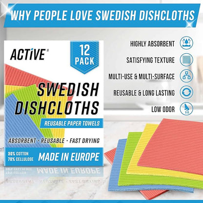 ACTIVE Swedish Dish Cloths for Kitchen 12 Pack Cellulose Sponge Cloth, Washable Dishcloths for Washing Dishes, Original European Dish Towels, Absorbent Reusable Paper Towels - Multicolor Assorted