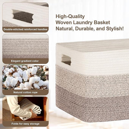 86L Extra Large Laundry Basket with Leather Handles for Living Room Storage,Woven Rope Baskets for Blanket,Kids Toy,Gifts,Wicker Hamper for Bedroom Dirty Clothes,24"x16"x14"Gradient Brown