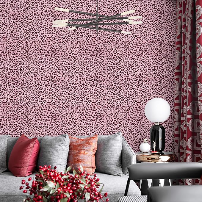 Leopard Print Peel and Stick Wallpaper, Waterproof Removable Self Adhesive Textured Wall Paper, Black and Pink Unique Funky Cheetah Contact Paper for Bedroom and Bathroom 120"X17.3"(14.4 sq. ft)