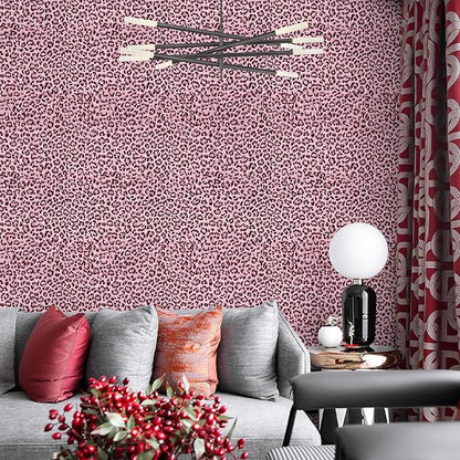 Leopard Print Peel and Stick Wallpaper, Waterproof Removable Self Adhesive Textured Wall Paper, Black and Pink Unique Funky Cheetah Contact Paper for Bedroom and Bathroom 480"X17.3"(57.6 sq. ft)